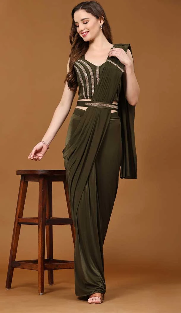 Imported Crystal Heavy Lace Work Designer Readymade Party Wear Saree In Mehendi - 837180612