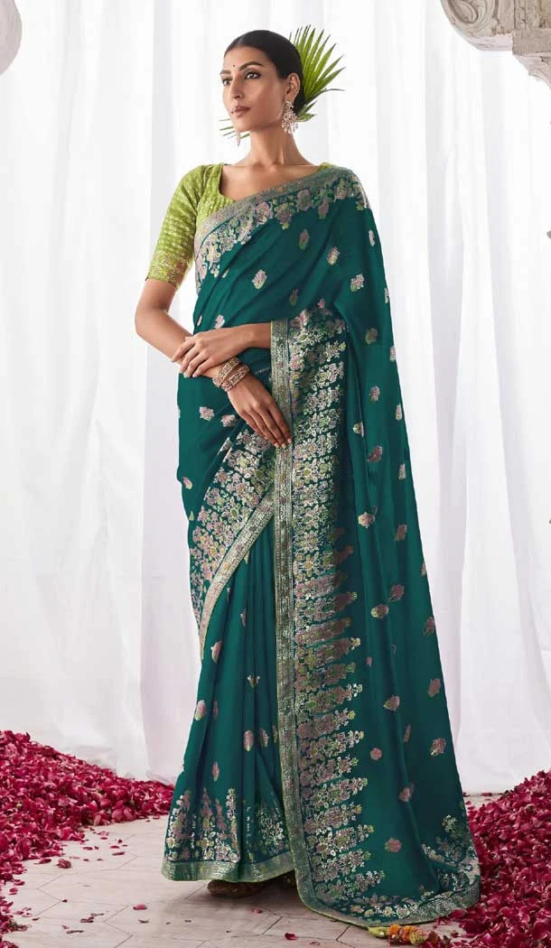 Teal Kora Silk With Weaving Work Traditional Function Wear Designer Saree - 8138180615