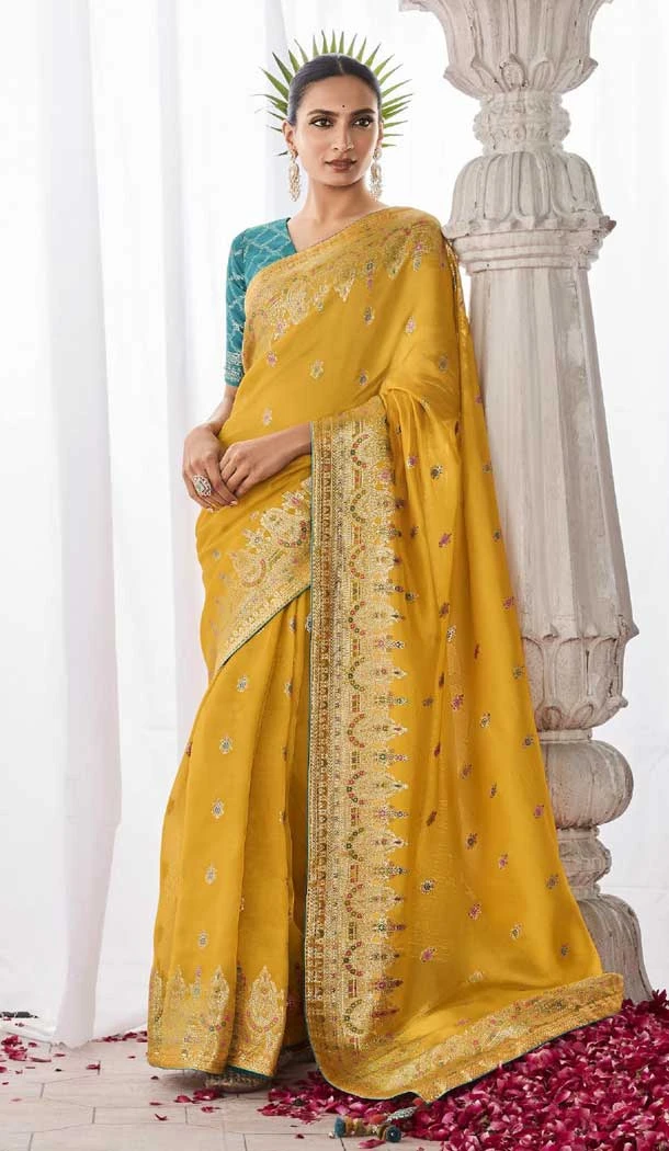 Yellow Kora Silk With Weaving Work Traditional Function Wear Designer Saree - 8138180619