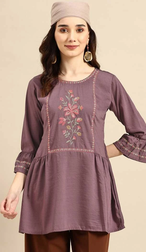 Embroidered Work Viscose Blend Traditional Readymade Short Kurti In Purple - 8139180622