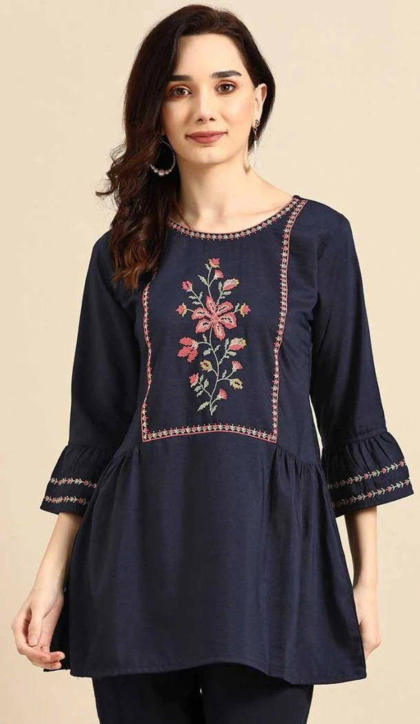 Embroidered Work Viscose Blend Traditional Readymade Short Kurti In Navy Blue - 8139180623