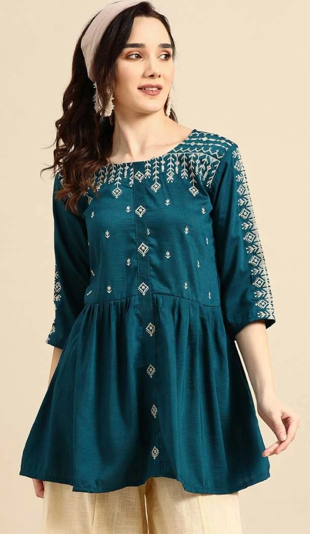 Embroidered Work Viscose Blend Traditional Readymade Short Kurti In Teal - 8139180624