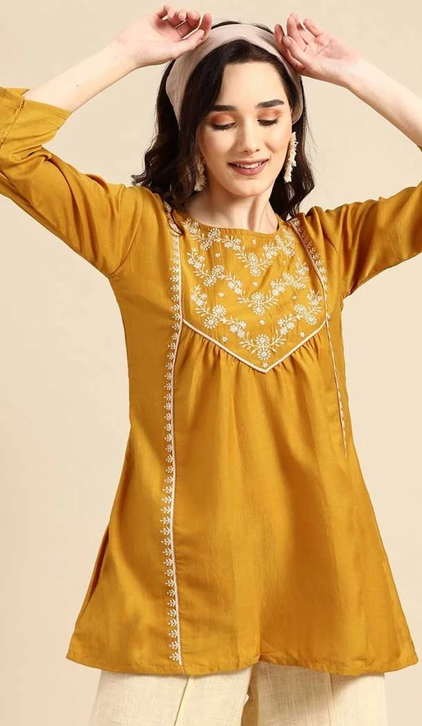Embroidered Work Viscose Blend Traditional Readymade Short Kurti In Mustard - 8139180625