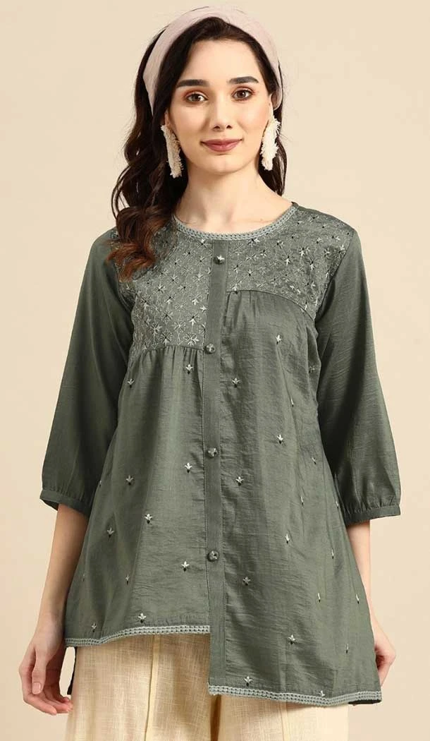 Embroidered Work Viscose Blend Traditional Readymade Short Kurti In Sea Green - 8139180626