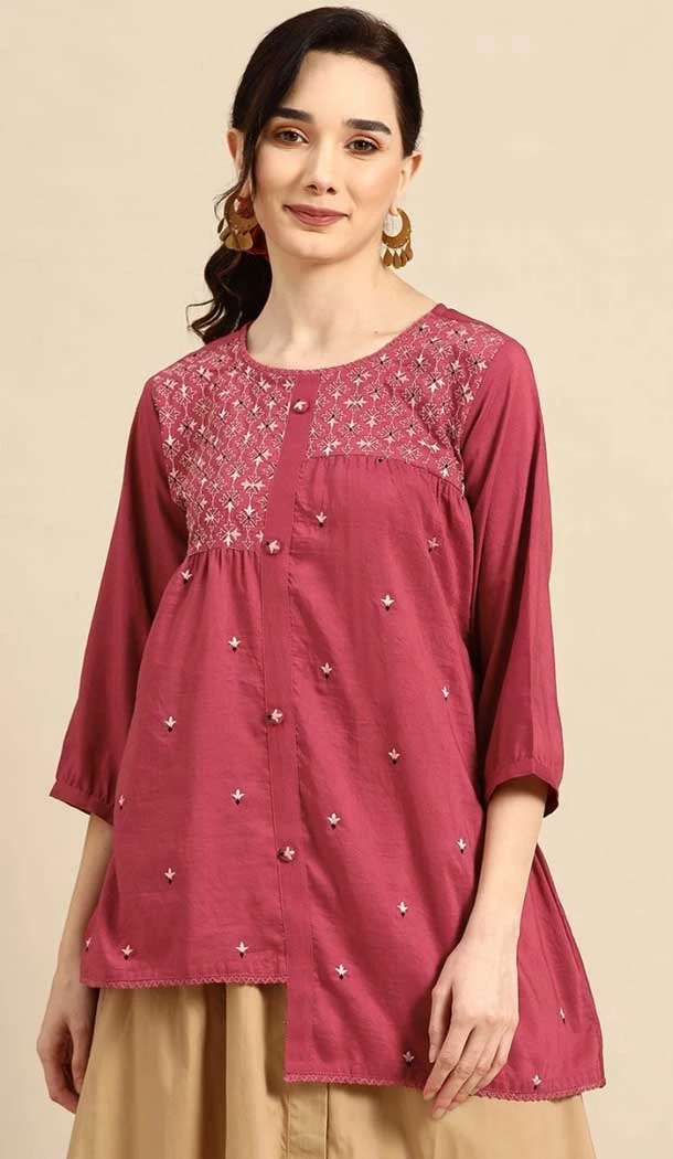 Embroidered Work Viscose Blend Traditional Readymade Short Kurti In Pink - 8139180627