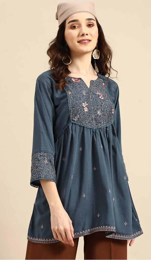 Embroidered Work Viscose Blend Traditional Readymade Short Kurti In Blue - 8139180628