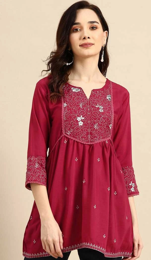 Embroidered Work Viscose Blend Traditional Readymade Short Kurti In Rani Pink - 8139180629