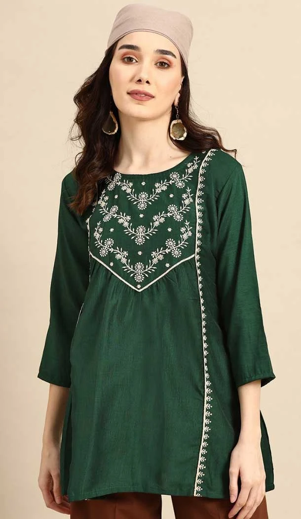 Embroidered Work Viscose Blend Traditional Readymade Short Kurti In Green - 8139180630