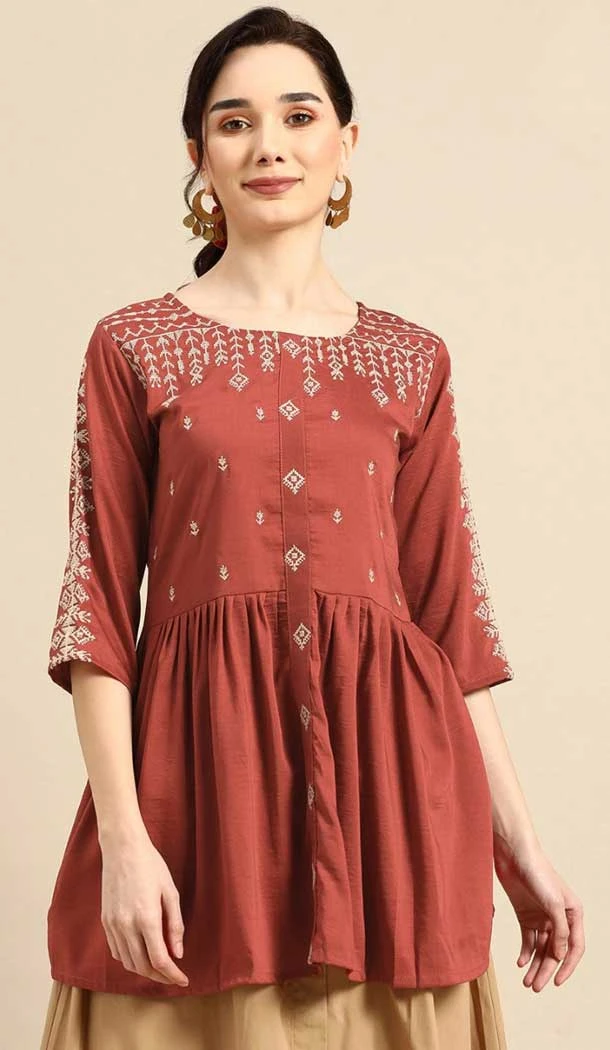 Embroidered Work Viscose Blend Traditional Readymade Short Kurti In Rust - 8139180631