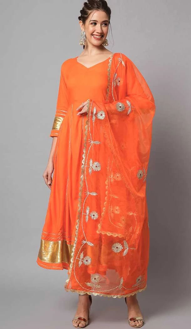 Viscose Rayon Orange Color Embroidery Work Festival Wear Anarkali Salwar Suit - 8145180663