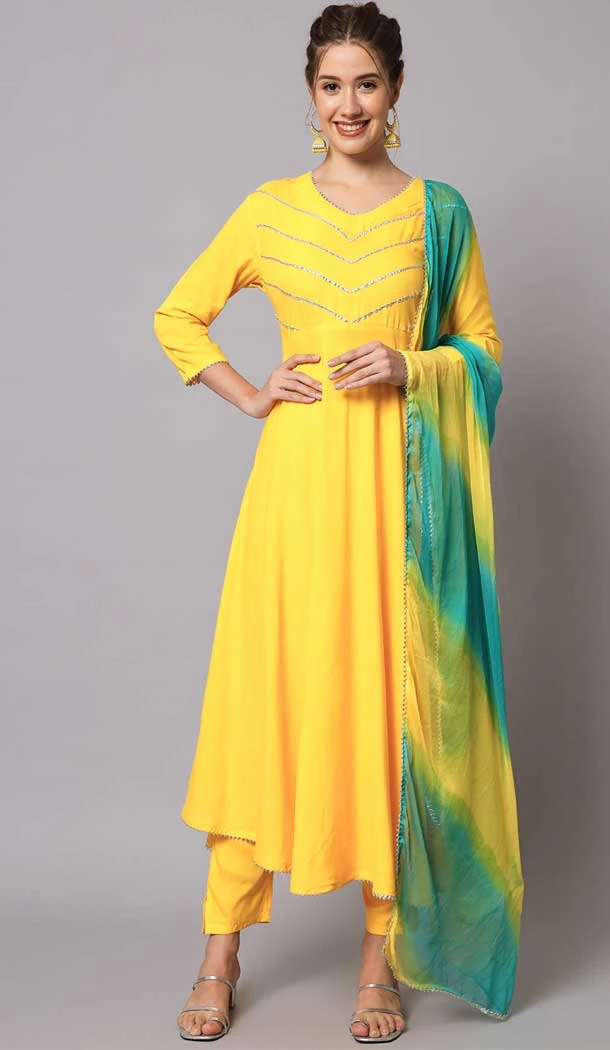 Viscose Rayon Yellow Color Embroidery Work Festival Wear Anarkali Salwar Suit - 8145180665