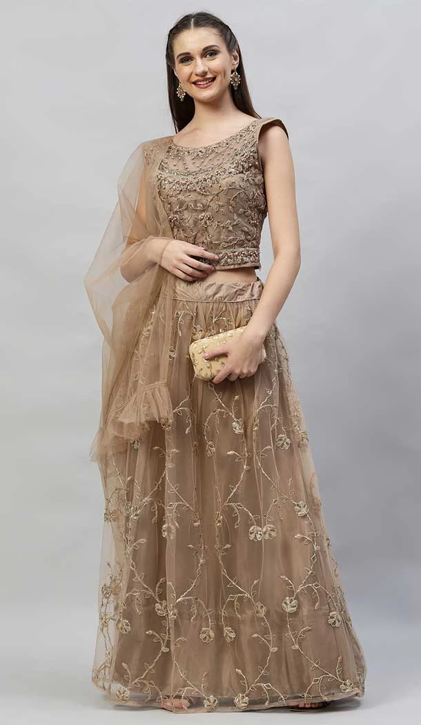 Brown Net Zari Work Designer Party Wear Lehenga Choli - 8147180668