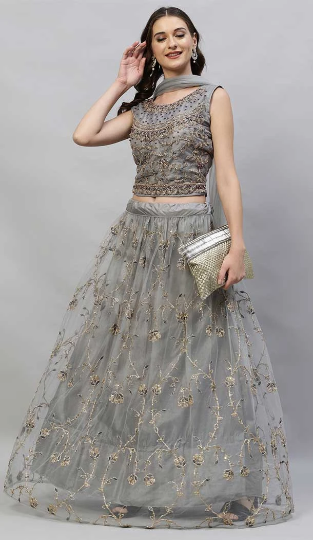 Grey Net Zari Work Designer Party Wear Lehenga Choli - 8147180669