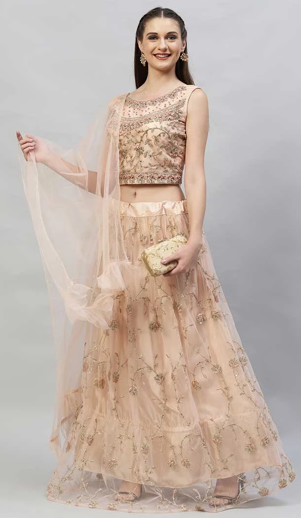 Peach Net Zari Work Designer Party Wear Lehenga Choli - 8147180670