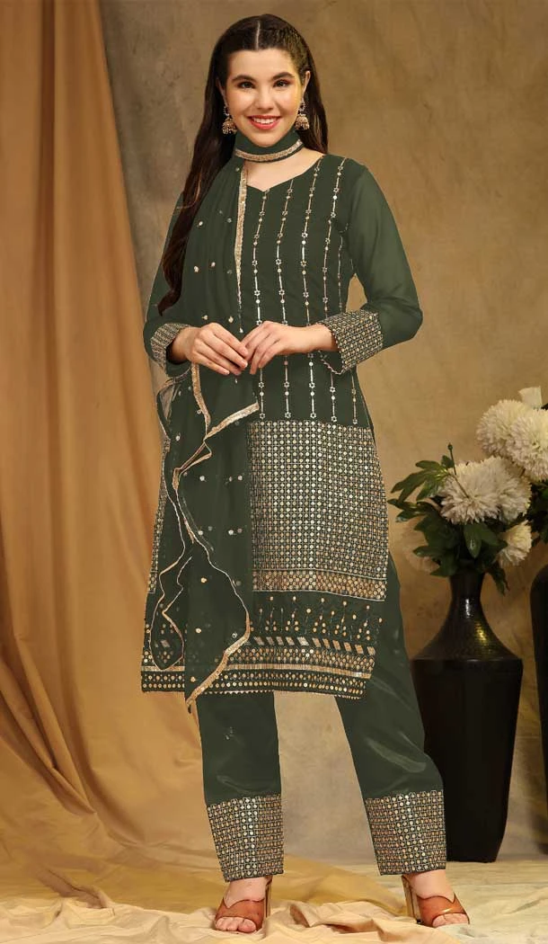 Traditional Mehendi Faux Georgette Casual Wear Pakistani Salwar Kameez - 8153180755