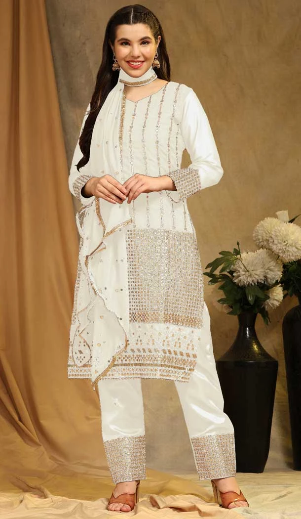 Traditional White Faux Georgette Casual Wear Pakistani Salwar Kameez - 8153180760