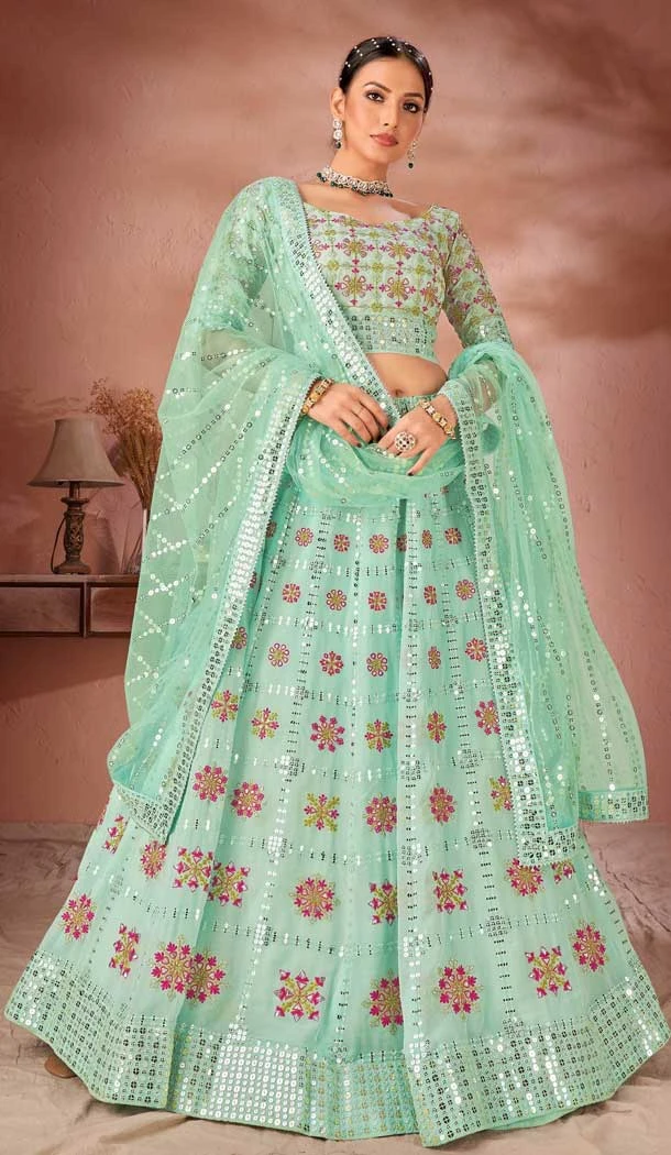 Designer Wedding Wear Premium Georgette Multi Heavy Lehenga Choli In Sea Green Color - 8155180772
