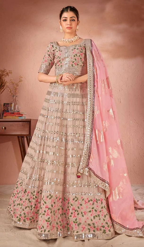 Designer Wedding Wear Premium Georgette Multi Heavy Lehenga Choli In Beige Color - 8155180773