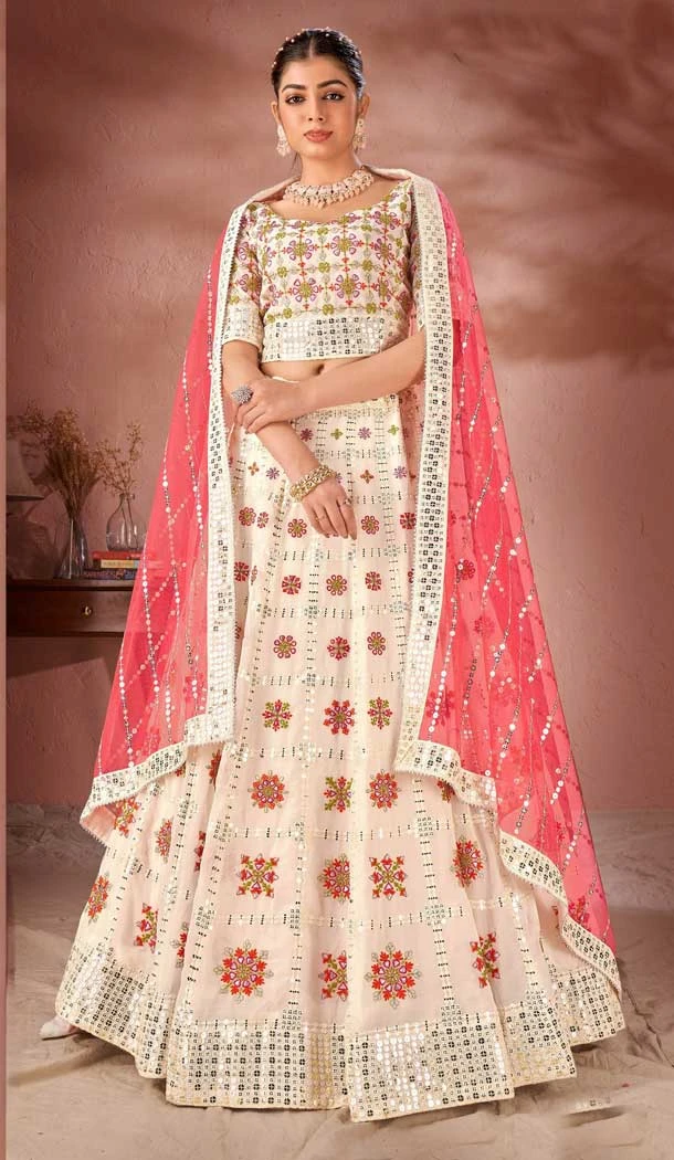 Designer Wedding Wear Premium Georgette Multi Heavy Lehenga Choli In Off White Color - 8155180774