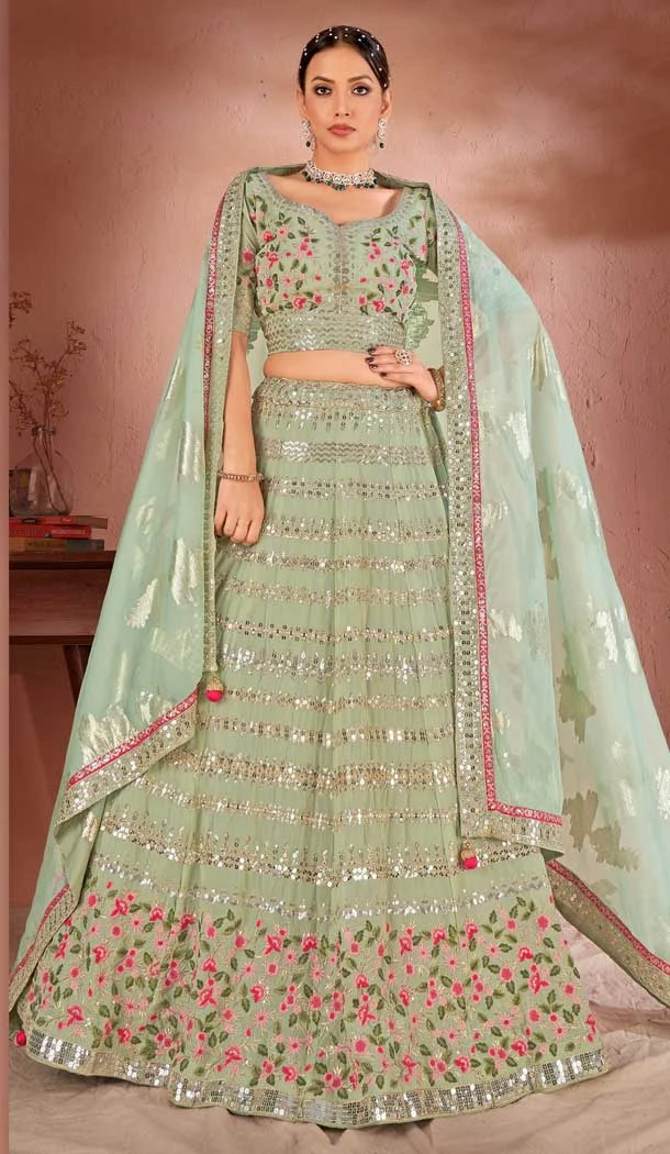 Designer Wedding Wear Premium Georgette Multi Heavy Lehenga Choli In Pista Color - 8155180775