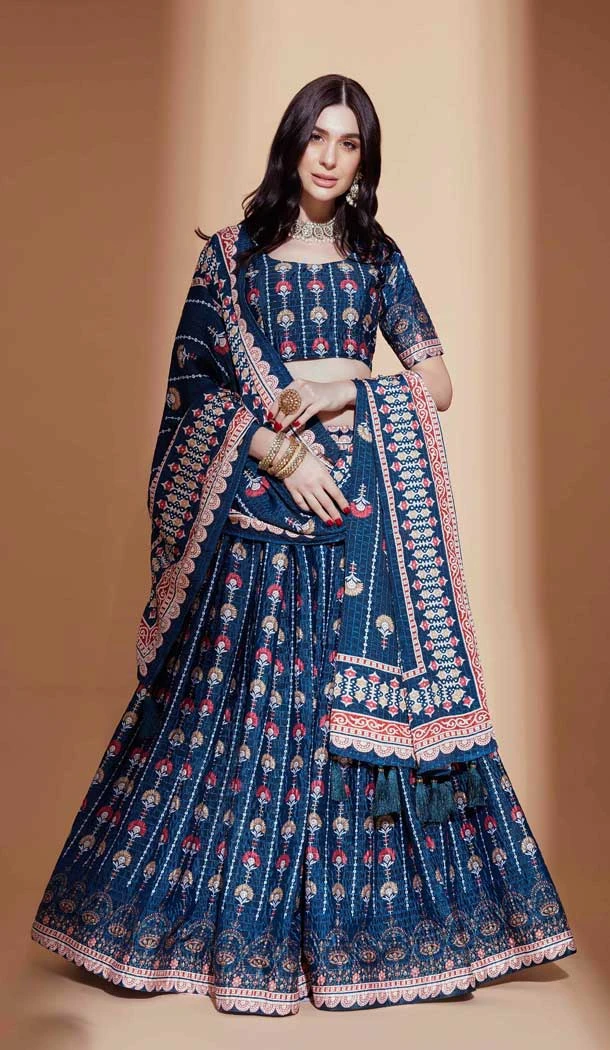 Digital Print Work Chinon Designer Party Wear Lehenga Choli In Blue Color - 8156180779