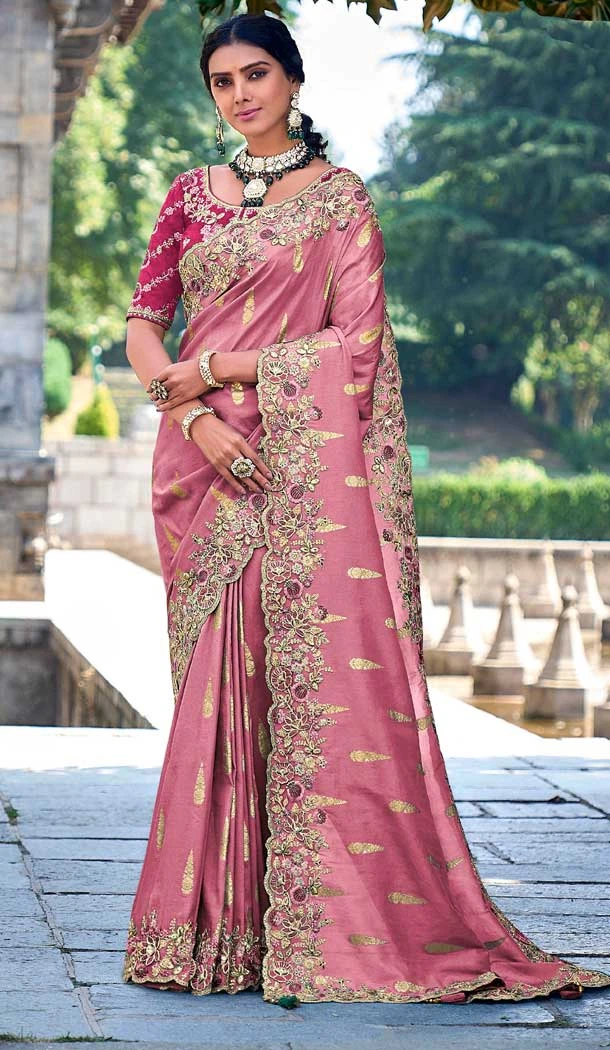 Tissue Silk Embroidered Designer Wear Saree In Pink - 11129199054