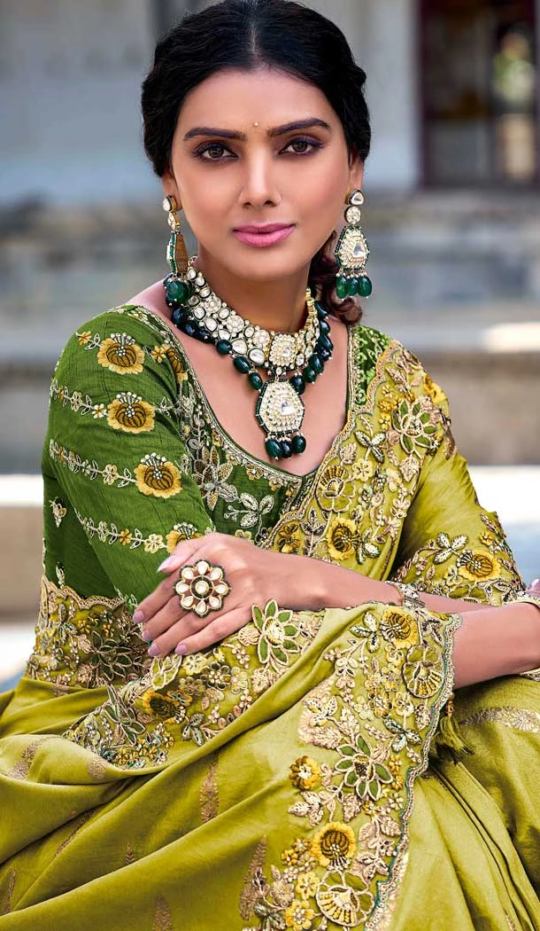 Tissue Silk Embroidered Designer Wear Saree In Mehendi Green - 11129199055