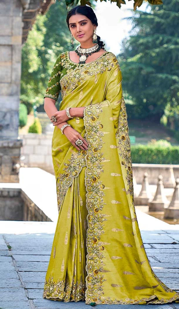 Tissue Silk Embroidered Designer Wear Saree In Mehendi Green - 11129199055