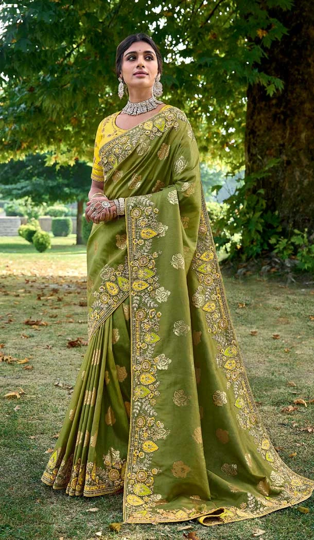 Mehendi Green Tissue Silk Embroidered Designer Wear Saree - 11129199056 Mehendi Green Tissue Silk Embroidered Designer Wear Saree - 11129199056