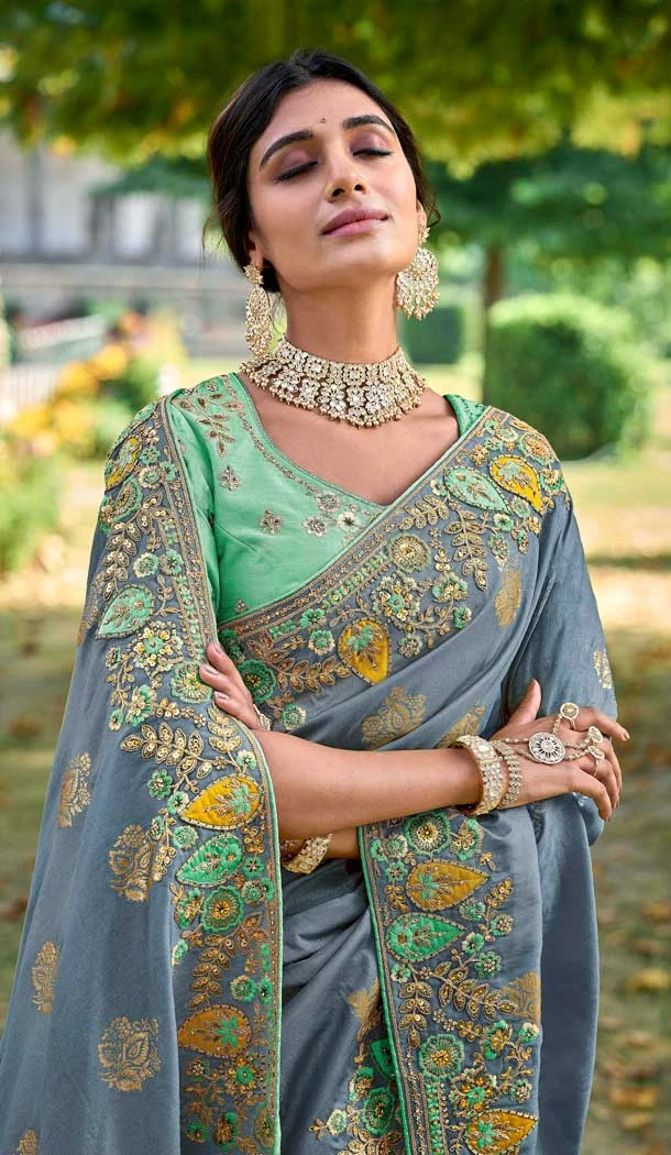 Tissue Silk Embroidered Designer Wear Saree In Grey - 11129199057