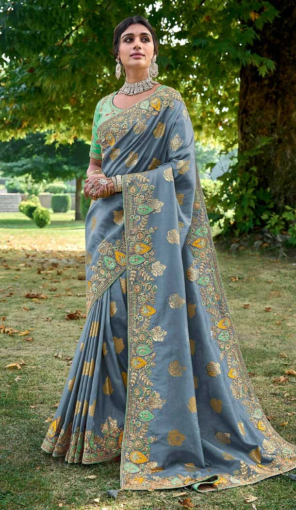 Tissue Silk Embroidered Designer Wear Saree In Grey - 11129199057