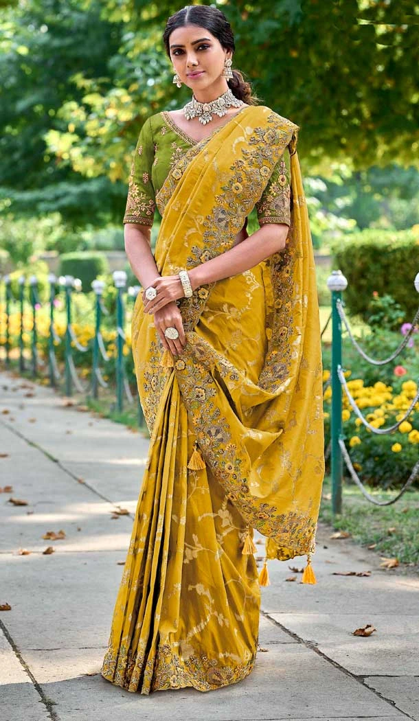 Tissue Silk Embroidered Designer Wear Saree In Mustard - 11129199058
