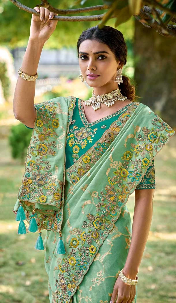 Tissue Silk Embroidered Designer Wear Saree In Pista Green - 11129199059