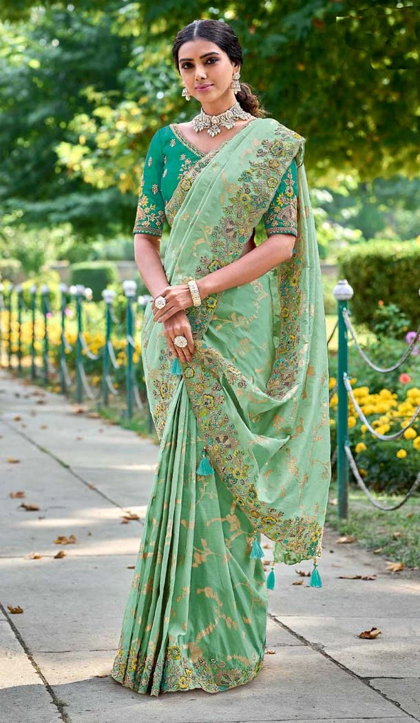 Tissue Silk Embroidered Designer Wear Saree In Pista Green - 11129199059