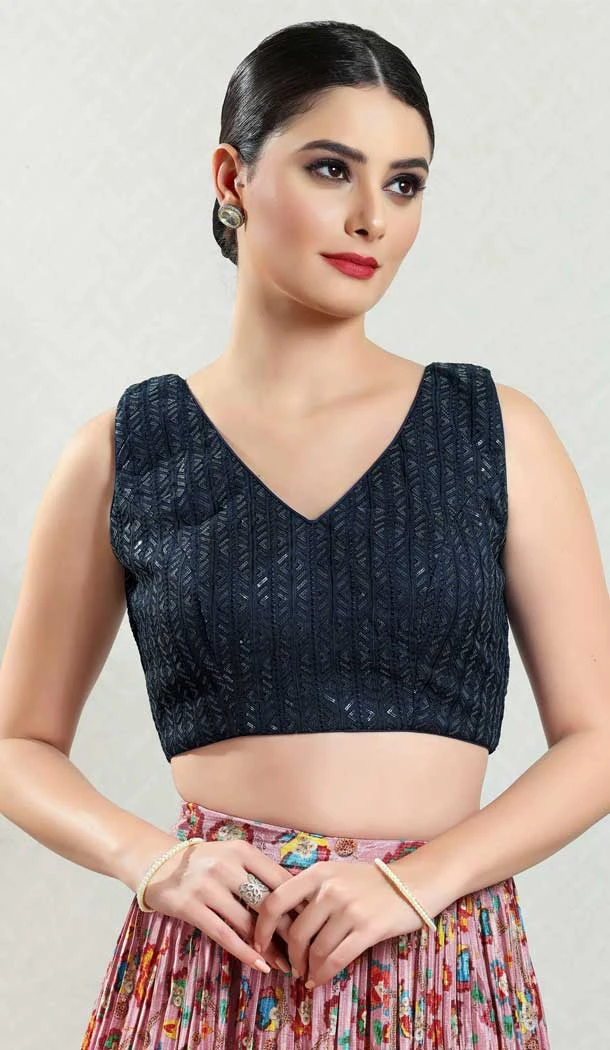 Navy Blue Designer Brocade Embroidery Work Readymade Festival Wear Blouse - 8171180874