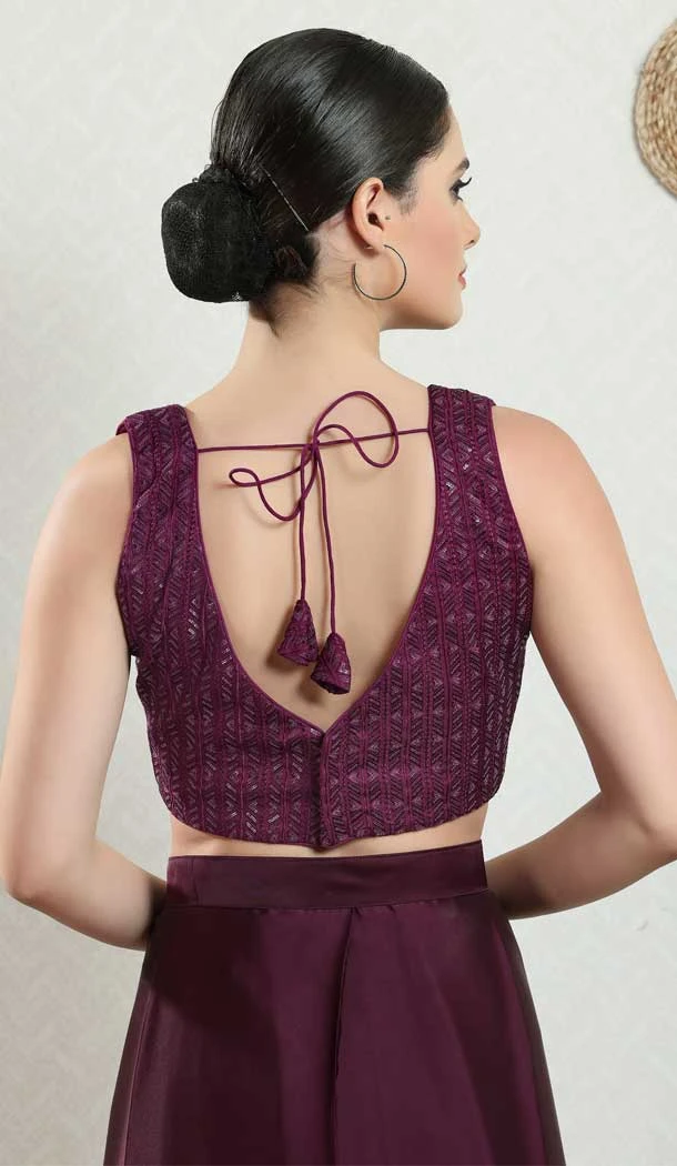 Wine Designer Brocade Embroidery Work Readymade Festival Wear Blouse - 8171180876