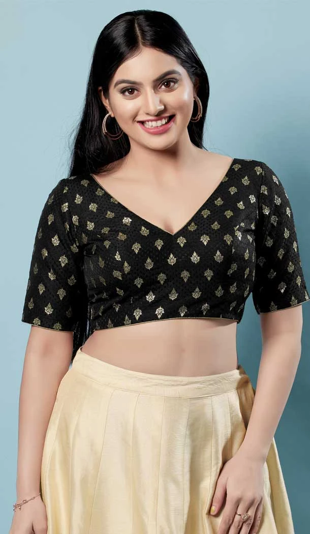 Black Brocade Jacquard Work Designer Function Wear Readymade Blouse - 8172180877