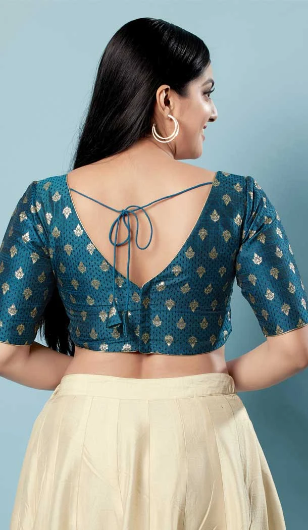 Blue Brocade Jacquard Work Designer Function Wear Readymade Blouse - 8172180878