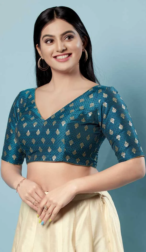 Blue Brocade Jacquard Work Designer Function Wear Readymade Blouse - 8172180878