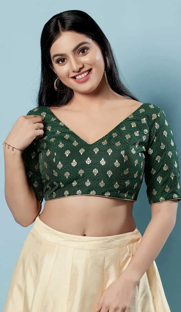 Green Brocade Jacquard Work Designer Function Wear Readymade Blouse - 8172180880