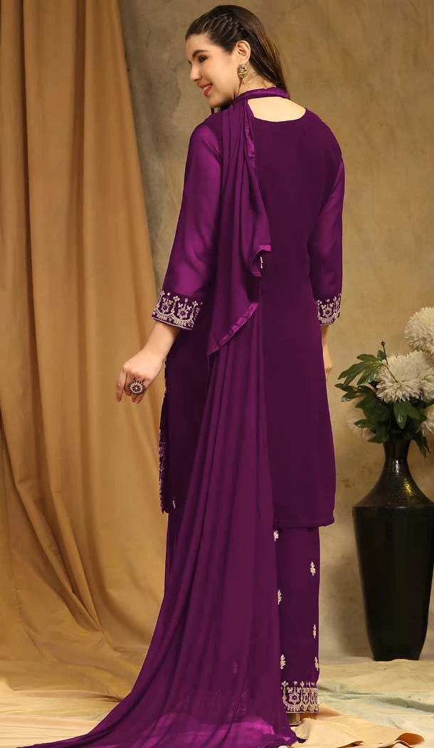 Georgette With Embroidery Work Party Wear Palazzo Salwar Suit In Purple - 8175180898