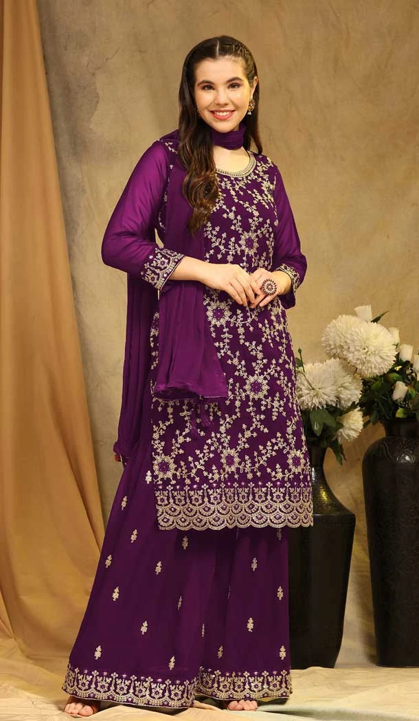 Georgette With Embroidery Work Party Wear Palazzo Salwar Suit In Purple - 8175180898