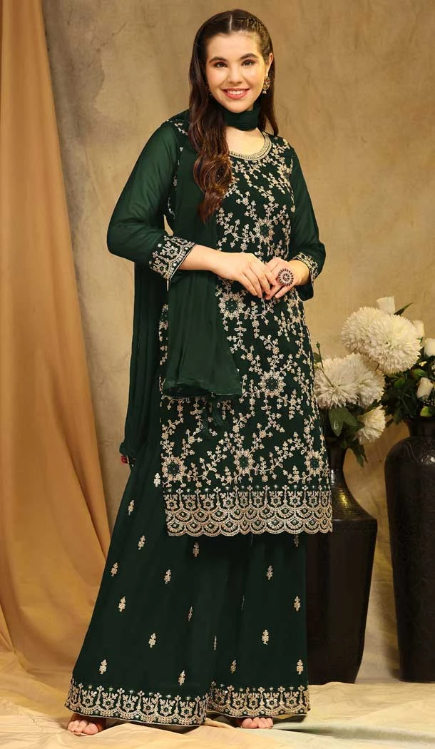 Georgette With Embroidery Work Party Wear Palazzo Salwar Suit In Green - 8175180899