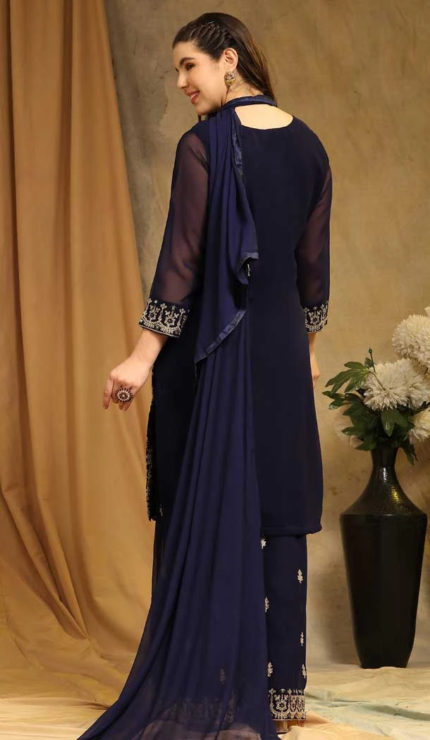 Georgette With Embroidery Work Party Wear Palazzo Salwar Suit In Blue - 8175180900