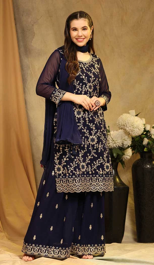 Georgette With Embroidery Work Party Wear Palazzo Salwar Suit In Blue - 8175180900