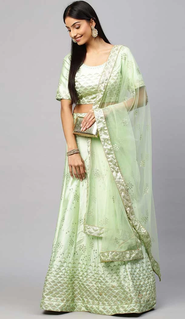 Designer Party Wear Satin Embroidery Work Women Lehenga Choli In Green - 8177180908