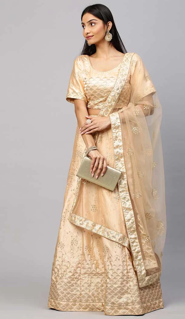 Designer Party Wear Satin Embroidery Work Women Lehenga Choli In Peach - 8177180909