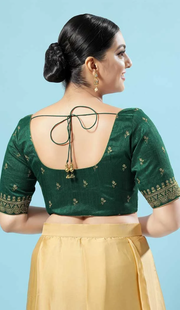 Designer Silk Embroidery Work Party Wear Readymade Blouse In Bottle Green - 8182180930
