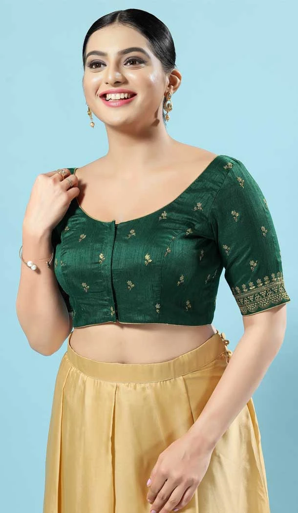 Designer Silk Embroidery Work Party Wear Readymade Blouse In Bottle Green - 8182180930
