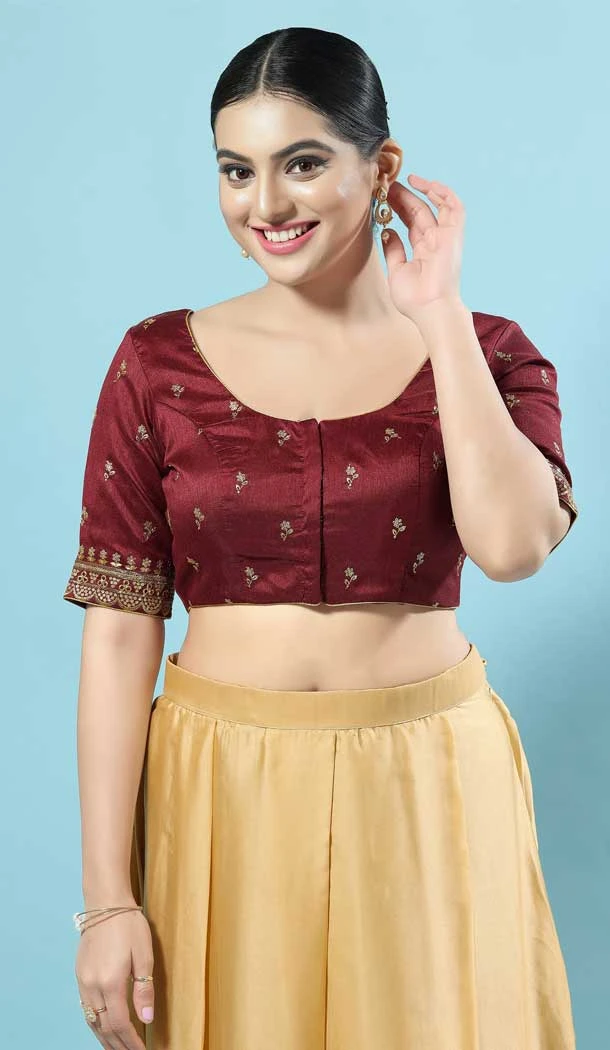 Designer Silk Embroidery Work Party Wear Readymade Blouse In Maroon - 8182180933